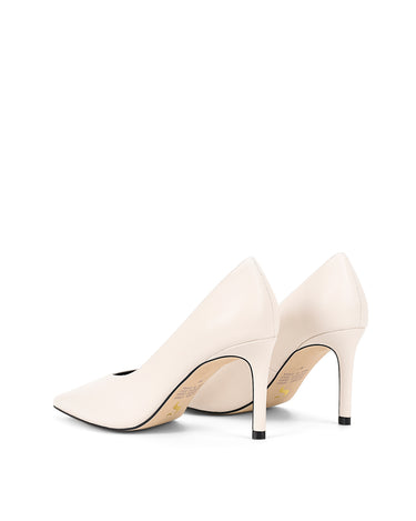 Women's chalk white leather stiletto pumps with pointed toe and v cut throat