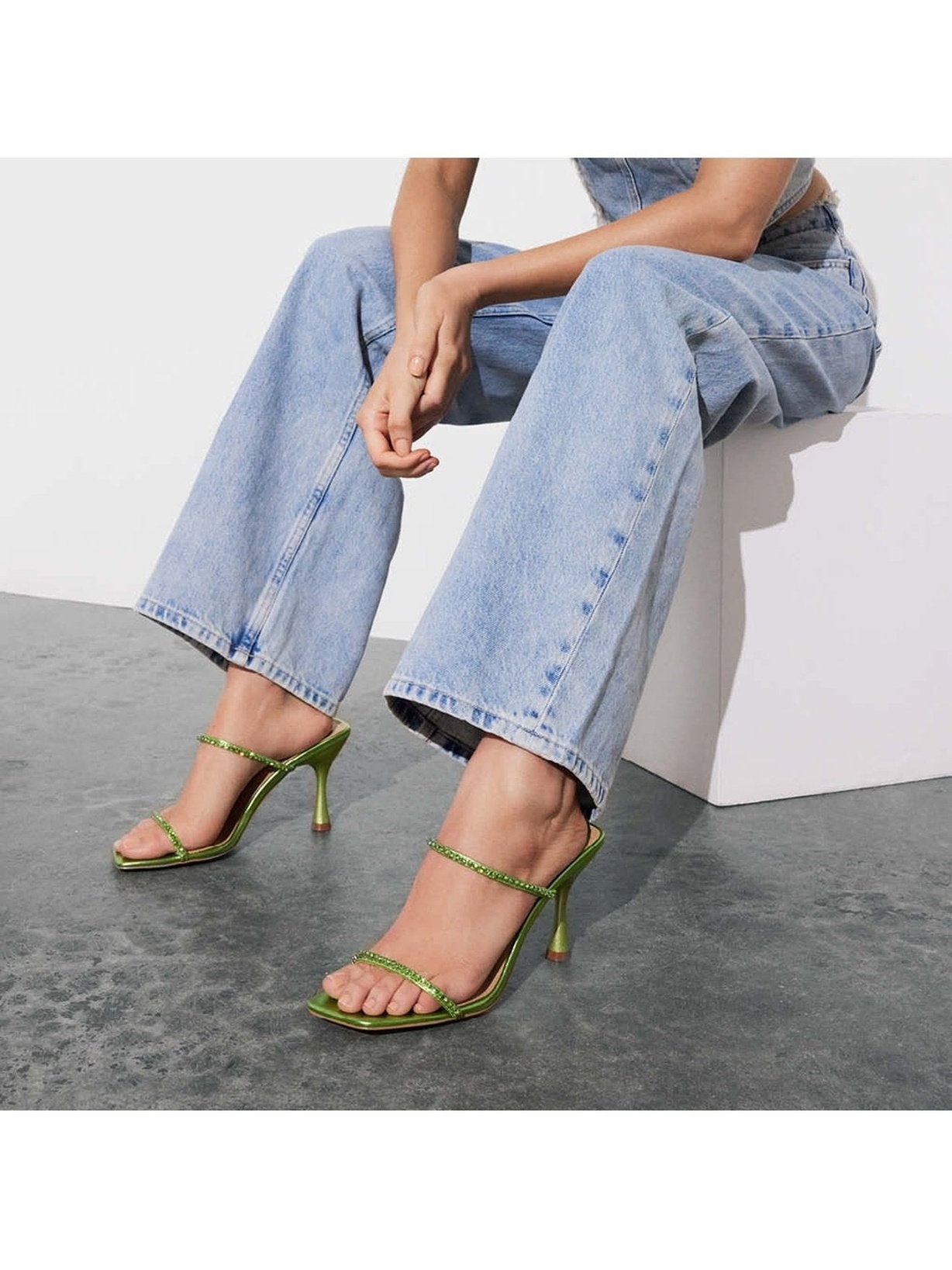 Izzy Diamante Stiletto Heels - Lime Green Metallic Leather